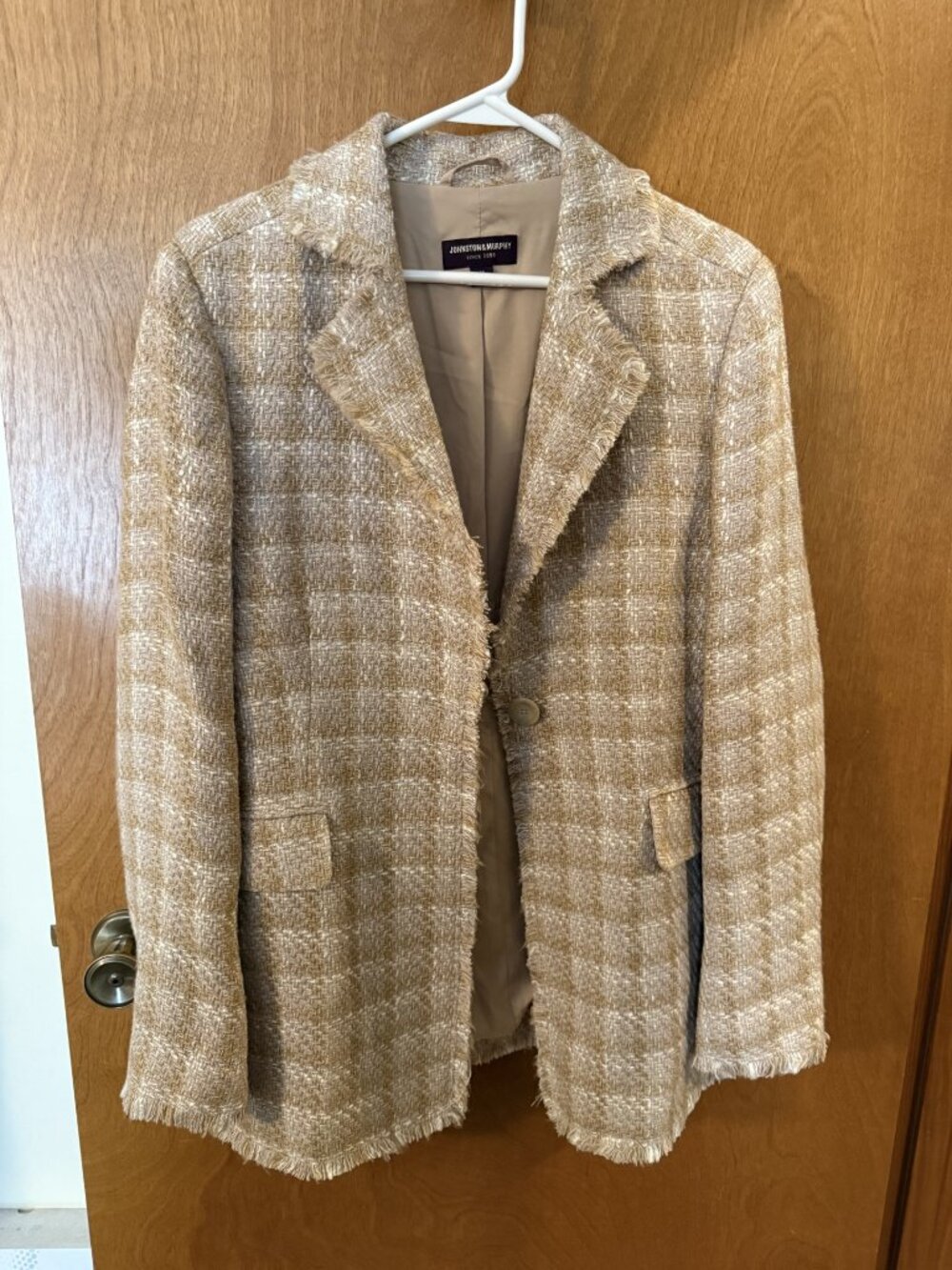 Johnston And Murphy Tan Beige Plaid Tweed Fringe Blazer Women's Size Medium